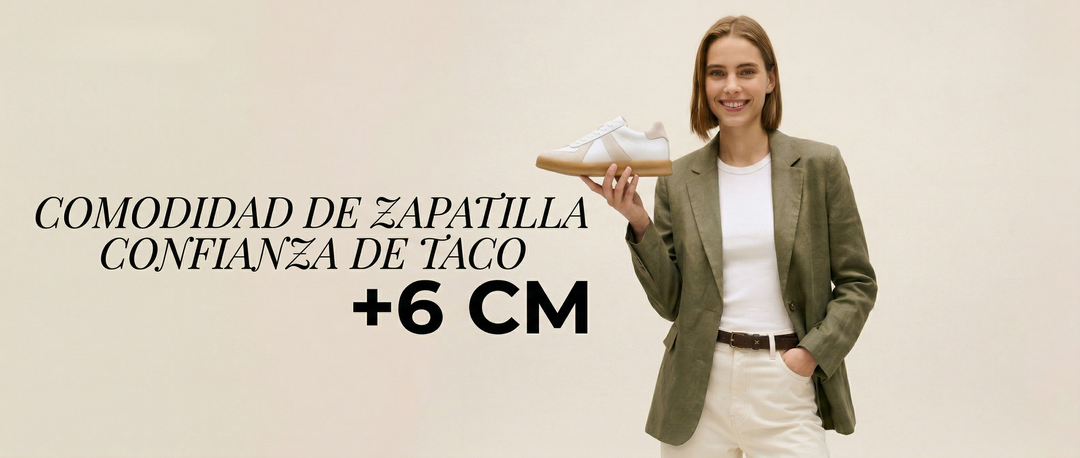 Mujer con una GazelleX White: comodidad de zapatilla, confianza de taco, +6 cm